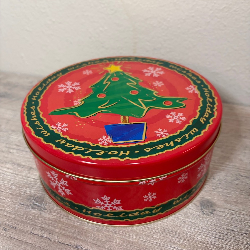 Tin Box Co Holiday Wishes Christmas Tree Cookie Tin Red Round Metal Storage 7"